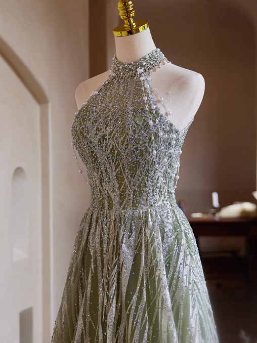 A-line Halterneck Tulle Sequins Long Prom Dress, Beaded Evening Dress HZ1024