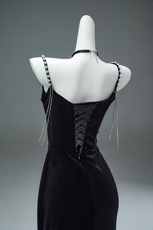Mermaid Spaghetti Straps Velvet Beaded Long Prom Dresses , Elegant Evening Dress HZ1024