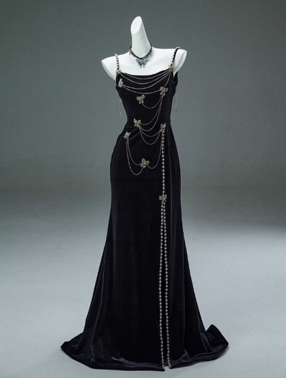 Mermaid Spaghetti Straps Velvet Beaded Long Prom Dresses , Elegant Evening Dress HZ1024