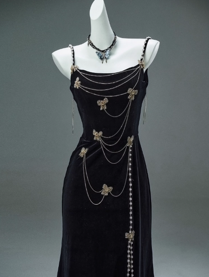 Mermaid Spaghetti Straps Velvet Beaded Long Prom Dresses , Elegant Evening Dress HZ1024