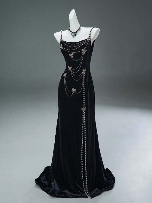 Mermaid Spaghetti Straps Velvet Beaded Long Prom Dresses , Elegant Evening Dress HZ1024