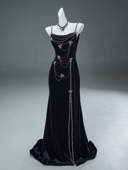 Mermaid Spaghetti Straps Velvet Beaded Long Prom Dresses , Elegant Evening Dress HZ1024