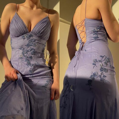 Pretty Spaghetti Straps V-neck Beaded Backless Prom Dresses Party Dresses ED01485