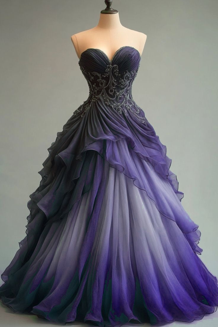 A-line Sweetheart Neck Tulle Beaded Long Prom Dress Elegant Quinceañera Dress ED01487