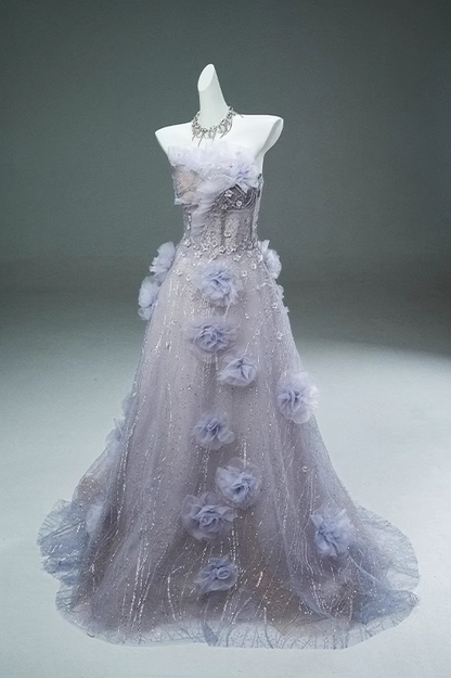 Light Purple A-line Off-the-Shoulder Tulle Sequin Long Prom Dress, Sweet Appliqué Beaded Evening Dress ED01488
