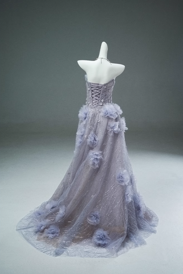 Light Purple A-line Off-the-Shoulder Tulle Sequin Long Prom Dress, Sweet Appliqué Beaded Evening Dress ED01488