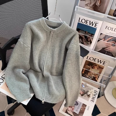 Lazy style double-head zipper soft waxy sweater jacket loose casual outer wear knitted cardigan ED0148
