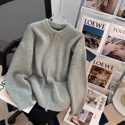 Lazy style double-head zipper soft waxy sweater jacket loose casual outer wear knitted cardigan ED0148