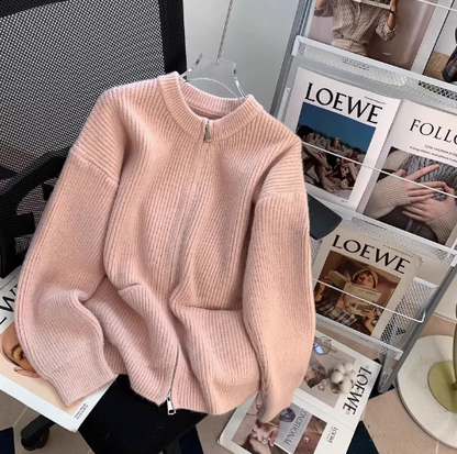 Lazy style double-head zipper soft waxy sweater jacket loose casual outer wear knitted cardigan ED0148