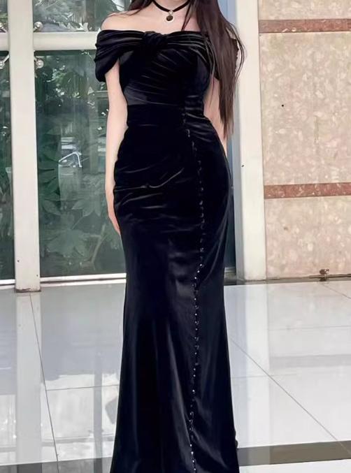 Black Mermaid Off-the-shoulder Velvet Long Prom Dress, Elegant Evening Dress ED01490