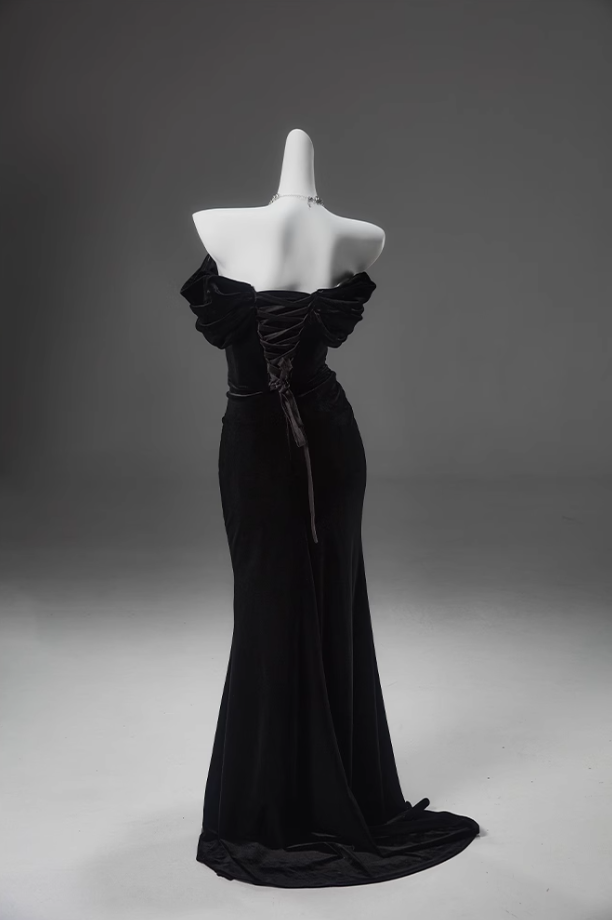 Black Mermaid Off-the-shoulder Velvet Long Prom Dress, Elegant Evening Dress ED01490