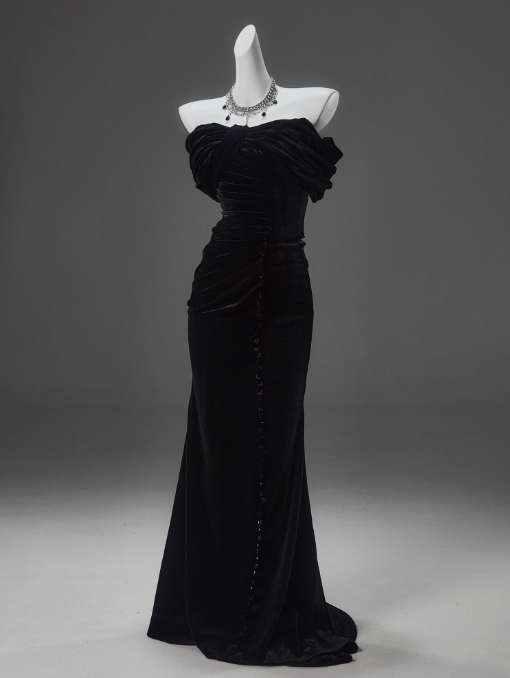 Black Mermaid Off-the-shoulder Velvet Long Prom Dress, Elegant Evening Dress ED01490