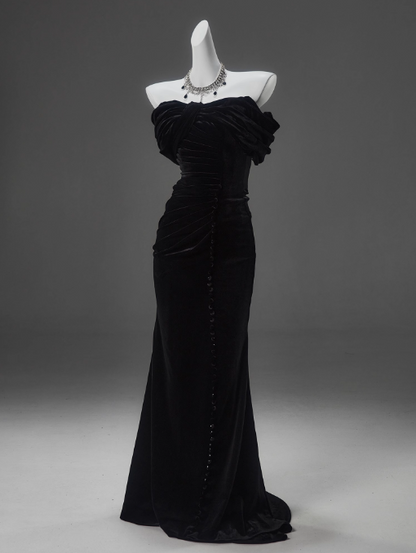 Black Mermaid Off-the-shoulder Velvet Long Prom Dress, Elegant Evening Dress ED01490