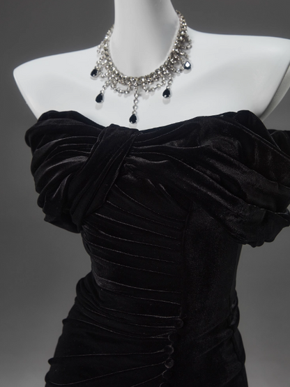 Black Mermaid Off-the-shoulder Velvet Long Prom Dress, Elegant Evening Dress ED01490