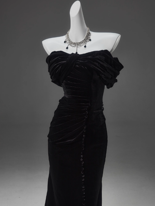 Black Mermaid Off-the-shoulder Velvet Long Prom Dress, Elegant Evening Dress ED01490