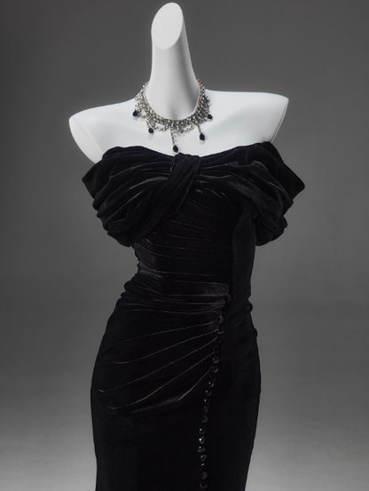 Black Mermaid Off-the-shoulder Velvet Long Prom Dress, Elegant Evening Dress ED01490