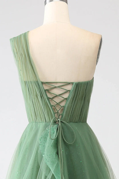 Dark Green A-Line One-Shoulder sequins Tulle Long Prom Dress ED01492