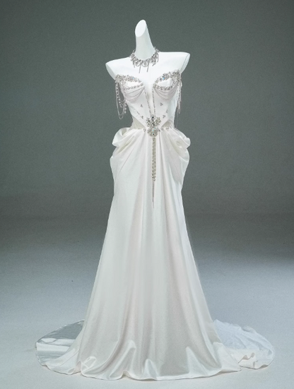 White Satin A-line Sweetheart Beaded Long Prom Dress, Elegant Adult Ceremony Graduation Prom Dress ED01493
