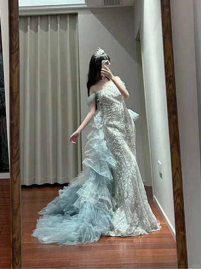 Mermaid Off-the-shoulder Tulle Sequin Long Ball Gown, Elegant Rhinestone Evening Gown ED01497