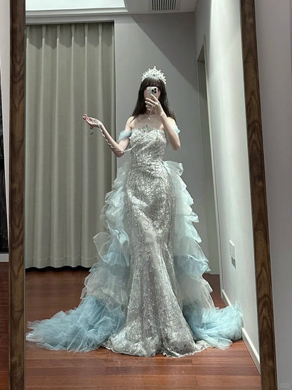 Mermaid Off-the-shoulder Tulle Sequin Long Ball Gown, Elegant Rhinestone Evening Gown ED01497
