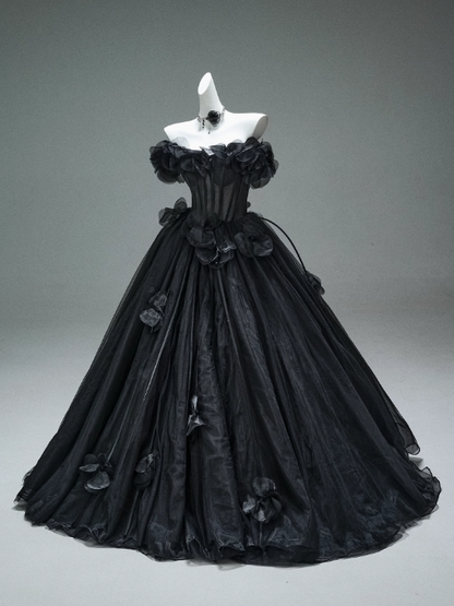 Black A-line Off-the-Shoulder Tulle 3D Applique Long Prom Dress,Adult Ceremony Graduation Prom Dress ED01498
