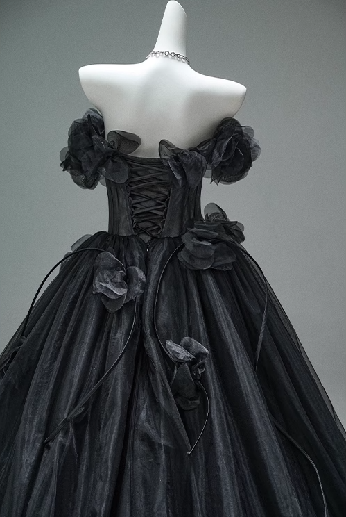 A-line Off-the-Shoulder Tulle 3D Applique Long Prom Dress,Adult Ceremony Graduation Prom Dress HZ1024