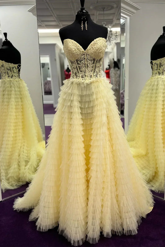 A-line Strapless Multi-Layers Sweetheart Tulle Beaded Long Prom Dress with Slit HZ1024