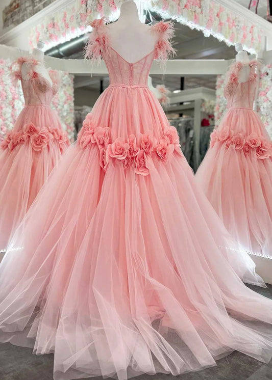 Pink A-Line Off the Shoulder Lace Tulle Long Prom Dress, Sweet 16 Dress ED01500