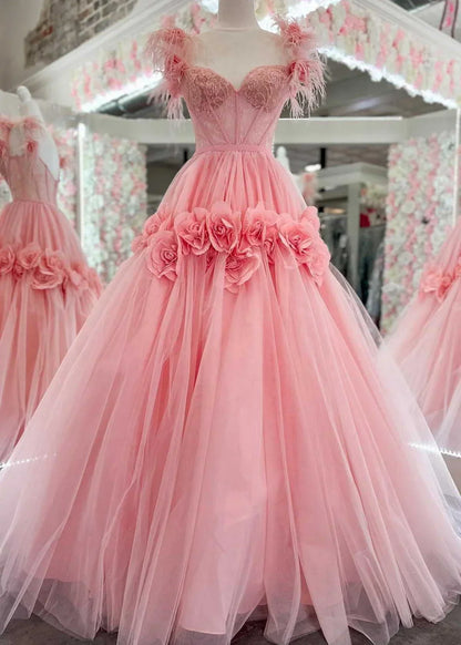 A-Line Off the Shoulder Lace Tulle Long Prom Dress, Sweet 16 Dress HZ1024