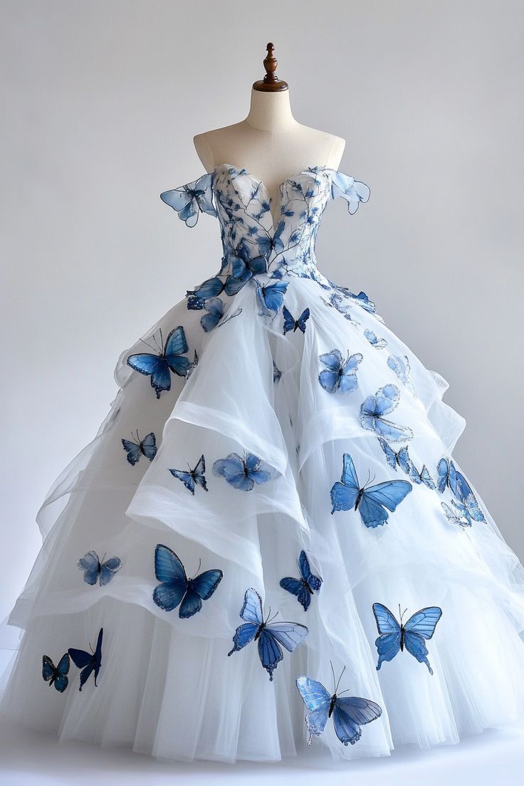 White A-Line Fairytale Tulle  Long Prom Dress with 3D Butterfly_Off-the-shoulder Evening Gown for Birthday&Quinceanera ED01502