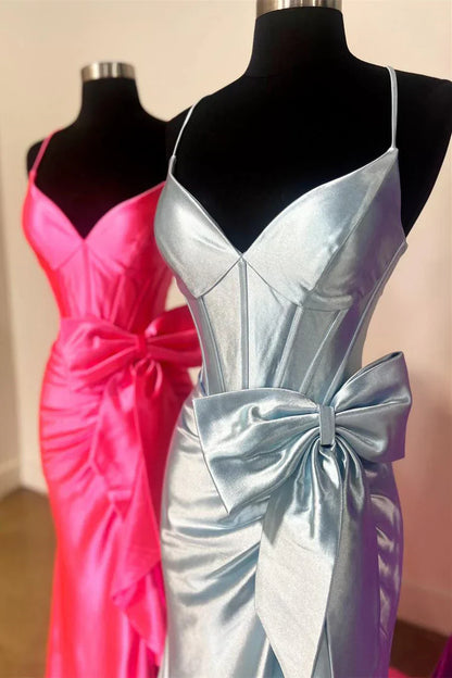 Straps V-Neck Satin Mermaid Prom Dress with Bow HZ1024