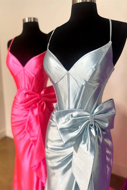 Spaghetti Straps V-Neck Satin Mermaid Prom Dress with Bow ED01506