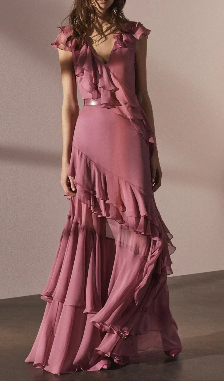 V-Neck Chiffon Pleated Sleeveless Back Zippered Long Prom Dress Beautiful Party Dress HZ1024