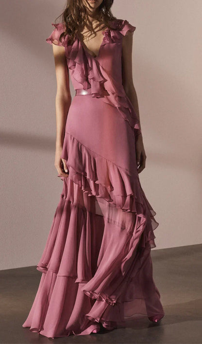 V-Neck Chiffon Pleated Sleeveless Back Zippered Long Prom Dress Beautiful Party Dress HZ1024