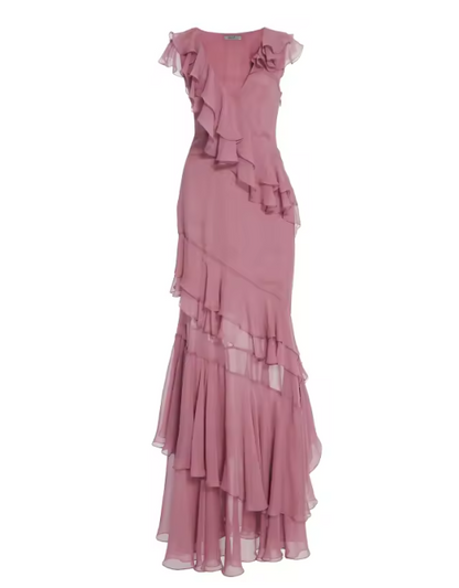 V-Neck Chiffon Pleated Sleeveless Back Zippered Long Prom Dress Beautiful Party Dress HZ1024