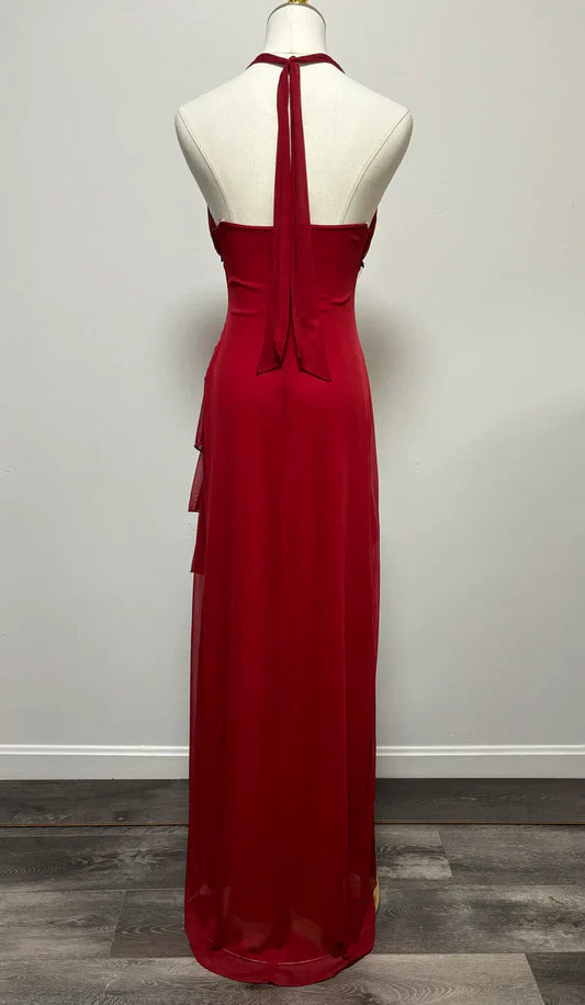 A-line Halter V Neck Chiffon Backless Prom Dress,Bridesmaid Dress With Ankle Length HZ1024