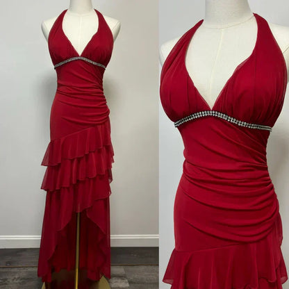 A-line Halter V Neck Chiffon Backless Prom Dress,Bridesmaid Dress With Ankle Length HZ1024