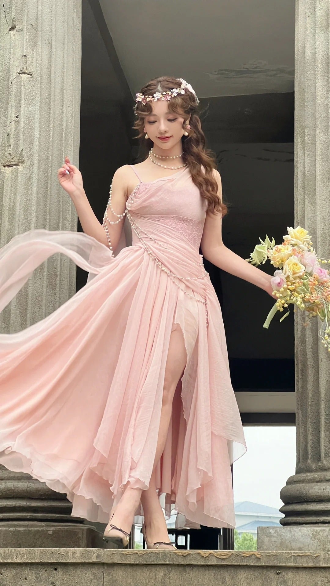 Prom Dresses Under $180||Lovely Pink ??Chiffon Prom Dress Princess Pearls Spaghetti Straps Evening Dresses HZ1024