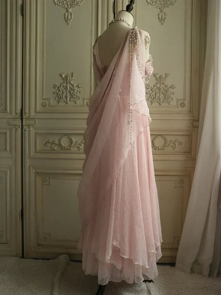 Lovely Pink Chiffon Prom Dress Princess Pearls Spaghetti Straps Evening Gown SH2627