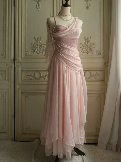 Affordable Prom Dresses Under $180||Lovely Pink _©·Chiffon  Prom Dress Princess Pearls Spaghetti Straps Evening Dresses ED01517