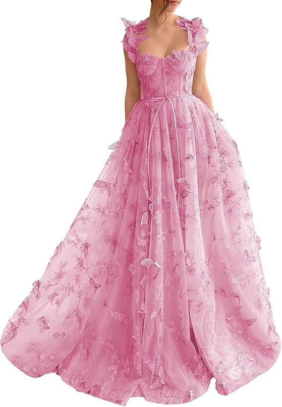 Sage Green A-Line Tulle Spaghetti Straps 3D Butterfly Long Prom Dress Sweet Adult Graduation Prom Dress  ED01518