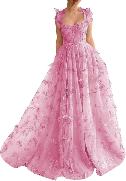 Sage Green A-Line Tulle Spaghetti Straps 3D Butterfly Long Prom Dress Sweet Adult Graduation Prom Dress  ED01518