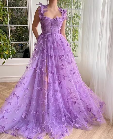 Sage Green A-Line Tulle Spaghetti Straps 3D Butterfly Long Prom Dress Sweet Adult Graduation Prom Dress  ED01518