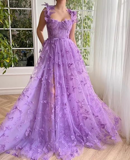 Sage Green A-Line Tulle Spaghetti Straps 3D Butterfly Long Prom Dress Sweet Adult Graduation Prom Dress  ED01518