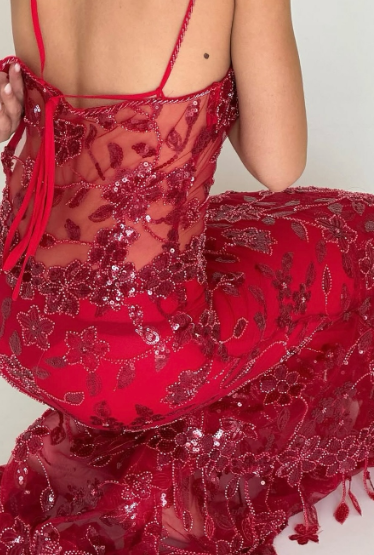 Red Mermaid Spaghetti Straps Tulle Lace Long Prom Dress Sexy Birthday Dress  ED01519