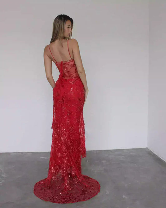 Mermaid Spaghetti Straps Tulle Lace Long Prom Dress Sexy Birthday Dress HZ1024