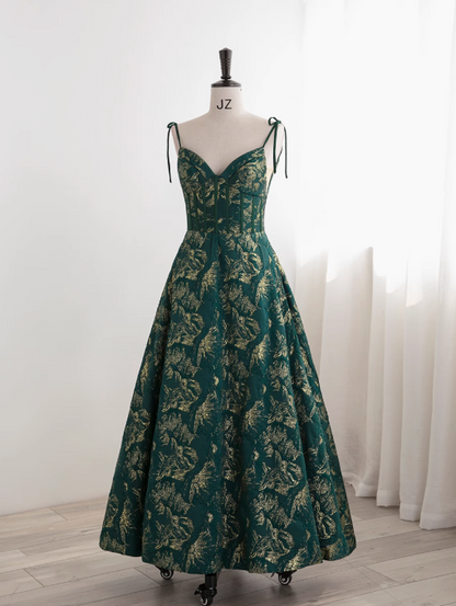 Dark Green A-line Spaghetti Strap Satin Long Prom Dress Sweetheart Neckline Retro Bridesmaid Dress Dress ED01523