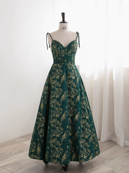 Dark Green A-line Spaghetti Strap Satin Long Prom Dress Sweetheart Neckline Retro Bridesmaid Dress Dress ED01523