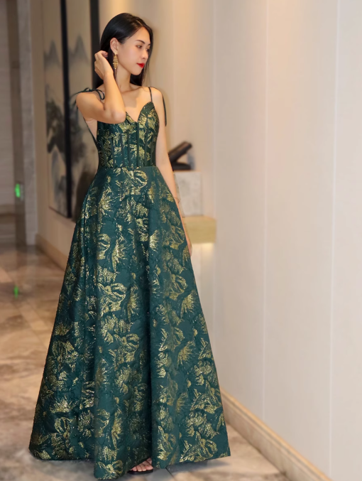 Dark Green A-line Spaghetti Strap Satin Long Prom Dress Sweetheart Neckline Retro Bridesmaid Dress Dress ED01523