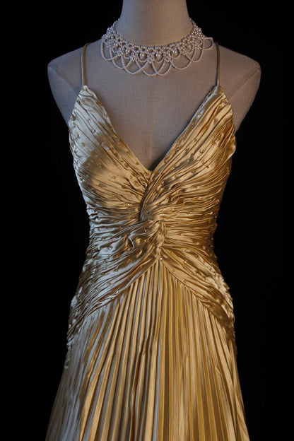 Gold A-line Spaghetti Straps Satin Beaded Long Prom Dress V-neck Retro Evening Dress ED01524